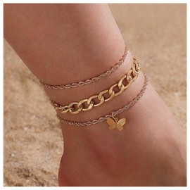 Iaceble Boho Layered Butterfly Anklet Gold Curb Chain Ankle Bracelets Beach Twist Rope Anklet Butterfly Charm Anklets Foot Chain Jewelry for Women 3Pcs
