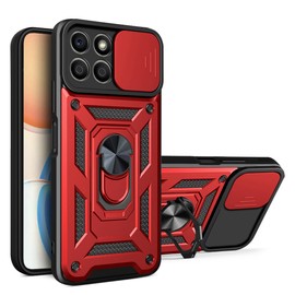 ESTH® Case for Honor X6a with Slide Camera Cover, Military Grade Shockproof Protective Cover with Rotatable Metal Ring Kickstand [Support Magnetic Car Mount], Red