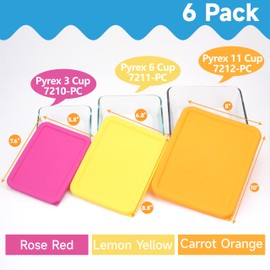 VIOTIIN 3 Cup 6 Cup 11 Cup Rectangle Silicone Storage Cover Lids Replacement for Pyrex 7210-PC, 7211-PC, 7212-PC Glass Bowls, (Container not Included) 6 Pack, Microwave, Dishwasher and Freezer Safe