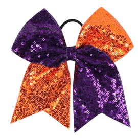 Xansema Bow Hair Tie for Girls Large Cheer Bow Sequins Ponytail Women Teen Girls Cheerleading Ribbon Holder Hair Band (Deep Purple + Orange)