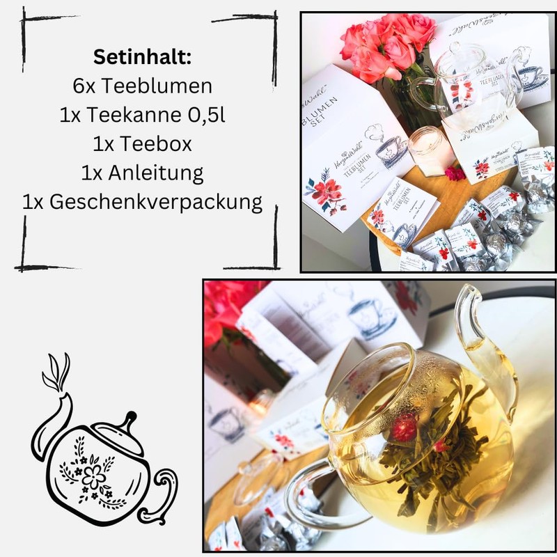 HerzensWahl Tea Flowers Gift Set with Pot | 6 x