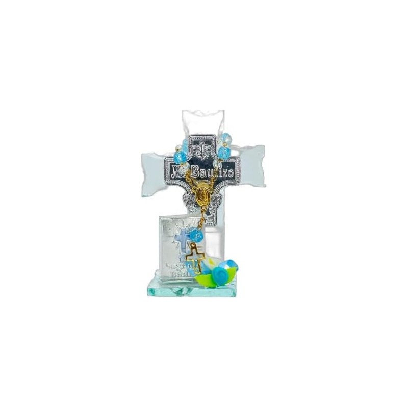 Cruz de Cristal con Mono y Mini Biblia Azul 12
