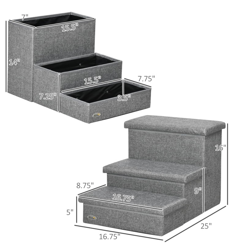 3-Steps Pet Stairs with Storage - Gray