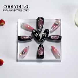 COOLYOUNG Medium Press On Nails, Cute Nails, Girl's Blush, Pink Press On Nails, Metallic Nails , 10 Pieces Press On Acrylic Nails with 1 Girl Gift Box ,1 Storage Bag and Gel Nail Kit