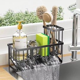 Kitchen Sink Caddy Organizer, Sponge Holder for Kitchen Sink Organizer, Rustproof 304 Stainless Steel Sponge Organizer with Auto Drain Tray, Dish Sponger Holder for Bathroom and Kitchen Supplies (BK)