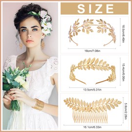 Comius Sharp 7 Piece Greek Goddess Fashion Jewellery Set for Women, Roman Laurel Leaves Crown Tiara Hair Comb Cuff Upper Arm Bracelets Swirl Earrings Gold Wedding Bridal Toga Party, Metal, Pearl