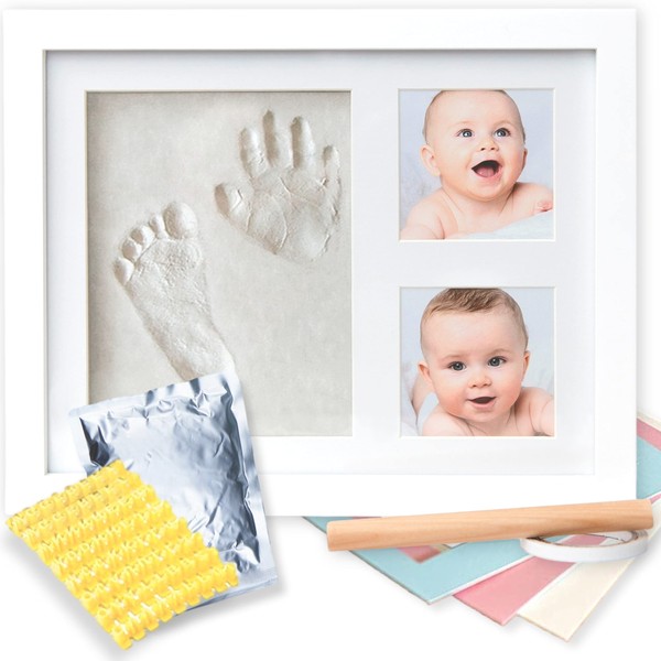 Baby Hand and Footprint Kit - Newborn Keepsake Picture Frame, Inkless Foot & Handprint Clay Mold - Baby Registry, New Mom Baby Shower, Gender Reveal Gift, Personalized Boy or Girl Nursery Photo Prints (Alpine White)