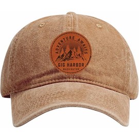 R and R Imports Gig Harbor Washington Adventure Awaits Souvenir Dad Hat Unisex Soft Baseball Cap with Engraved Leather Patch Coffee
