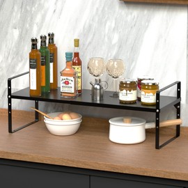 ARCCI Expandable Cabinet Shelf Organizers, Stackable Metal Pantry Storage Shelves Rack, Adjustable Kitchen Counter Shelf for Cabinets, Countertop, Cupboard Organizers and Storage, Black