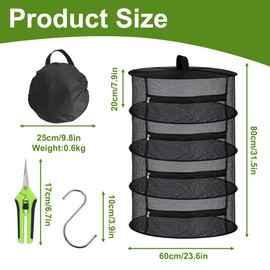 Kinfezlon Herb Drying Net, 4-Layer Herb Dryer Hanging, Drying Net with Loppers and Hooks, Zip, Foldable Drying Net, Grow, for Herbs, Plants, Spices, Clothes