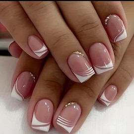 24 Pcs French Tip Press On Nails Short Square Fake Nails Nude Pink Glue On Nails With Rhinestones Designs Medium French Acrylic Nails White Nail Tip Artificial Nails For Women Nail Art Decorations Nail Care Nail Polish Polish Manicure Cutics Cosmetic