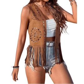 Women Western Tassels Vest Tops 70s Hippie Faux Suede Fringe Vests Jacket Cardigan Open Front Rodeo Cowgirl Shirt (Hallow Out Brown, M)
