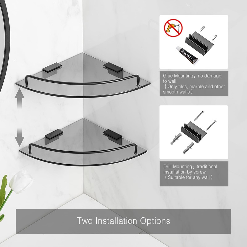 Voldra 2 Pack Glass Corner Shower Shelf for Bathroom Black