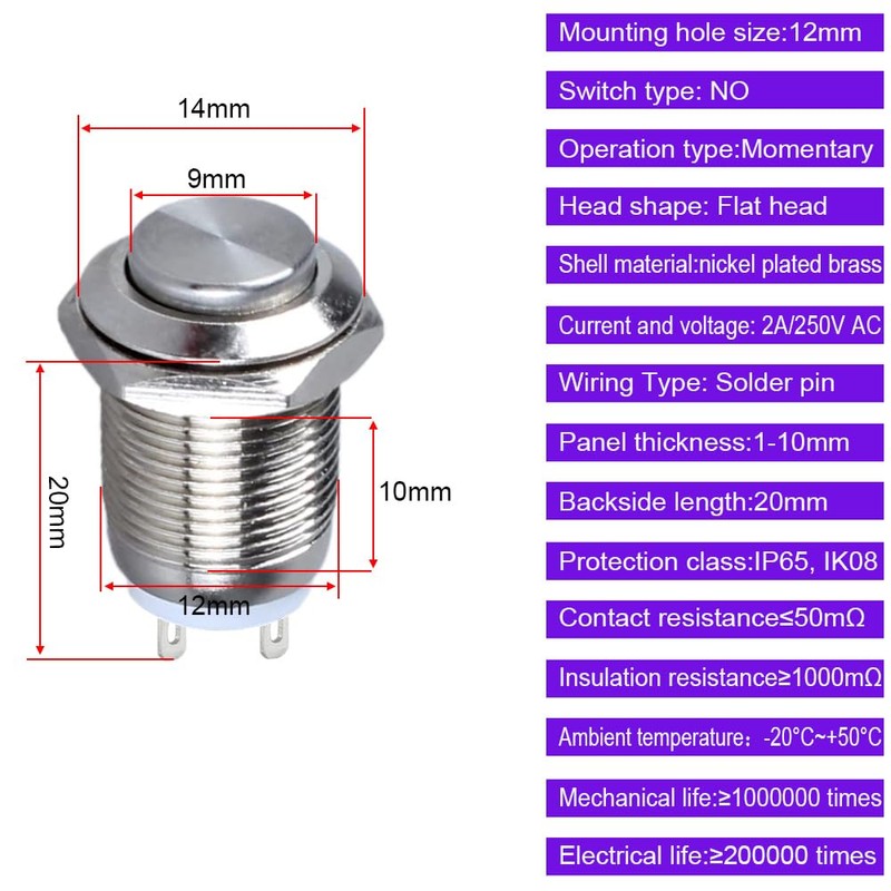 10 Pcs Waterproof Push Button Momentary Stainless Steel Push Button