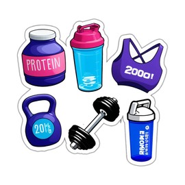 Gym Essentials Protein, Shaker, Bra, Kettlebell, Dumbbell, Water Bottle Sticker Decal, 5 inches | Water Proof | for car Bumper, Notebook, tumblers Sticker