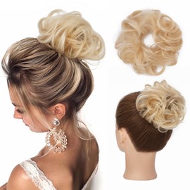 S-noilite Human Hair Messy Bun Hair Piece Chignon Updo Scrunchies 100% Real Curly Wavy Bleach Blonde Hair Bun Extensions for Women Elegant Donot Bun Hairpiece with Elastic Band 25g (Bleach Blonde)