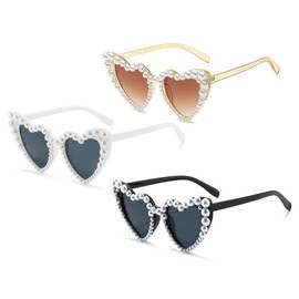 Abiyou Pack of 3 Heart Pearl Sunglasses, Women's Heart Shape with Pearls, Heart Glasses, White Pearl Heart Glasses, Pearl Vintage Heart Glasses, for Birthday Party, Wedding, Beach