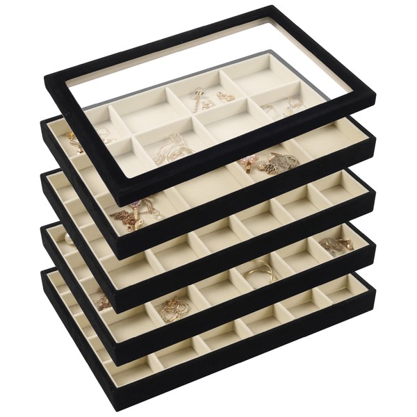 4 Pack Stackable Jewelry Trays Organizer with Lid Jewelry Display Showcase Dresser Drawer Organizer Storage Box for Ring Earring Bracelet Necklace Accessary