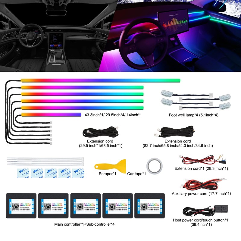 Acrylic Interior Car LED Strip Light with Wireless APP, Dreamcolor