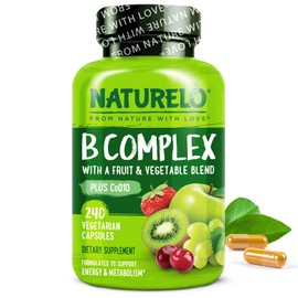 NATURELO NATURELO B Complex - Whole Food Complex with Vitamin B6, Folate, B12, Biotin - Supplement for Energy and Stress - High Potency - Vegan - Vegetarian - Non GMO - Gluten Free - 240 Capsules