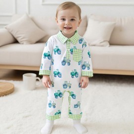 Infant Fall Outfit Newborn Baby Boy One Piece Clothes Polo Collar Farm Tractor Long Sleeve Romper Jumpsuit (Green, 12-18 Months)