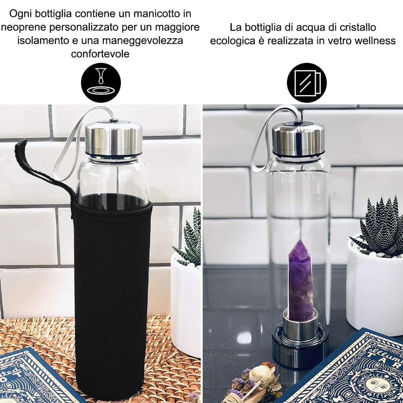 HINATAA Crystal Water Bottle, Removable Healing Natural Quartz Water Bottle,