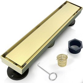 12 Inch Linear Shower Drain Bathroom Kitchen Golden Floor Drain Removable Capsule Pattern Cover Accessories Shower Drain 304 Stainless Steel Drain with Hair Strainer Adjustable Leveling Feet