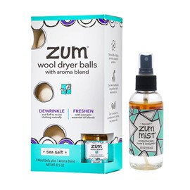 Zum Wool Dryer Balls Kit Plus Zum Mist - 3 Wool Balls with Essential Oil Blend & Room & Body Mist - Sea Salt