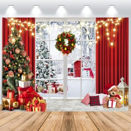 ASDCXZ Christmas Photo Background 2.2 x 1.5 m, Window Snowman Christmas Tree Gift Box Bear Glitter Photo Wall Background, Vinyl Family Party Ornaments Photography Background Banner