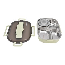 Portable Kids 304 Stainless Steel Lunch Box 1.3L Four Compartment Bento Box with Soup Bowl Chopsticks SpoonGreen