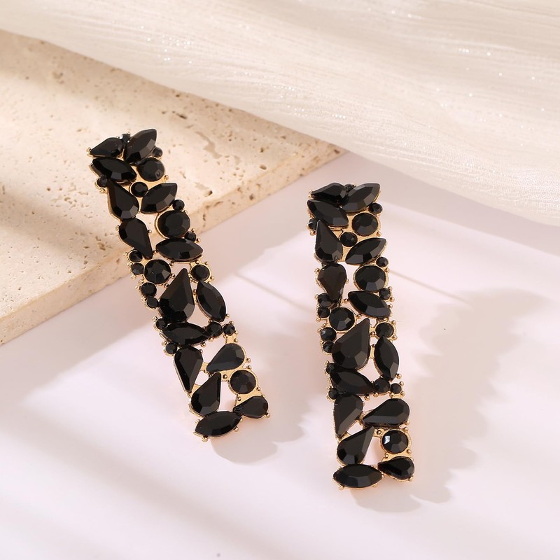 Black Rhinestone Long Drop Dangle Earrings Trendy Crystal Geometric Statement