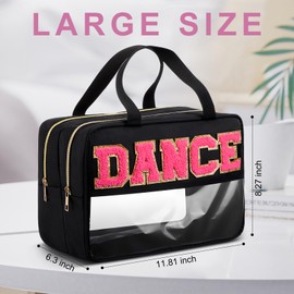 Pinkunn Clear Chenille Letter Bag Makeup Preppy Patches Cosmetic Bag Zipper Pouch for Travel Waterproof Nylon Toiletry Makeup supplies for Women Girls (Black,Dance)