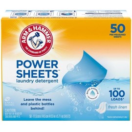 Arm & Hammer Power Sheets Caja con 50 Piezas. Detergente para Ropa en Láminas. Limpieza Profunda, Rápida Disolución y Fresco Aroma. Sin Cloro, Empaque Reciclable. Funciona en Todo Tipo de Lavadoras