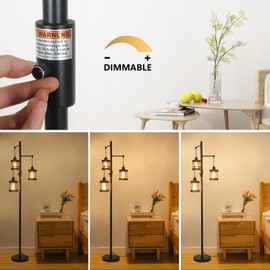 Airposta Dimmable Floor Lamps for Living Room, 3-Light Industrial Floor Lamp with Wood & Metal Cage, Farmhouse Standing Lamp Tall Tree Lamp for Bedroom Office, Rustic Black Tall Floor Lamp for Corner