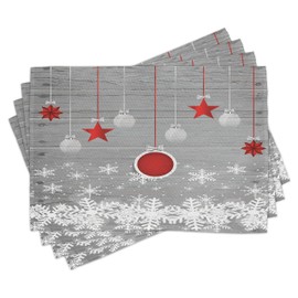 ABAKUHAUS Christmas Place Mats Set of 4, Stars Baubles Snow, Washable Fabric Placemats for Dining Room Kitchen Table Decor, Grey Red White
