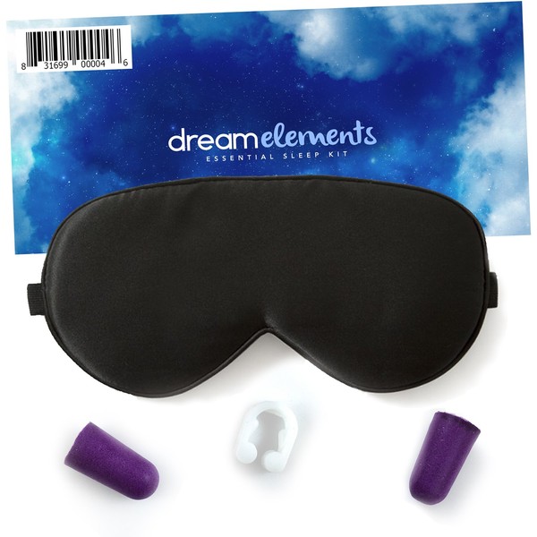Dream Elements Sleep Mask - 100% Pure Mulberry Silk Eye Mask - with Foam Ear Plugs & Anti Snoring Nose Clip - for Men & Women - Great for Travel - Hypoallergenic Mask