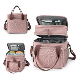 Lunch Bag for Women Men Double Deck Lunch Box,Expandable Large Lunch Bags,Leakproof Lunch Box Cooler Bag - Color: Pink