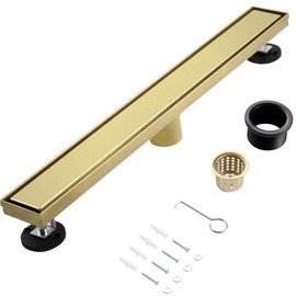 muschbath 32 Inch Linear Shower Drain, Brushed Gold Shower Drain, Flat and Tile-in Grate, 304 Stainless Steel, Easy to Install and Clean for Bathrooms (Drain Base Not Included), LSD-02A-32G
