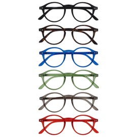 OPULIZE REY Lesebrille - 6er-Pack - Runder Retro-Rahmen - Mattschwarz, Braun, Blau, Grün, Grau, Rot - Herren Damen - Federscharniere - RRRRRR56-12367Z - +2.50