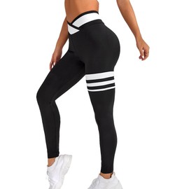 Floerns Women's High Waist Seamless Colorblock Striped Print Yoga Sports Leggings Black X-Small