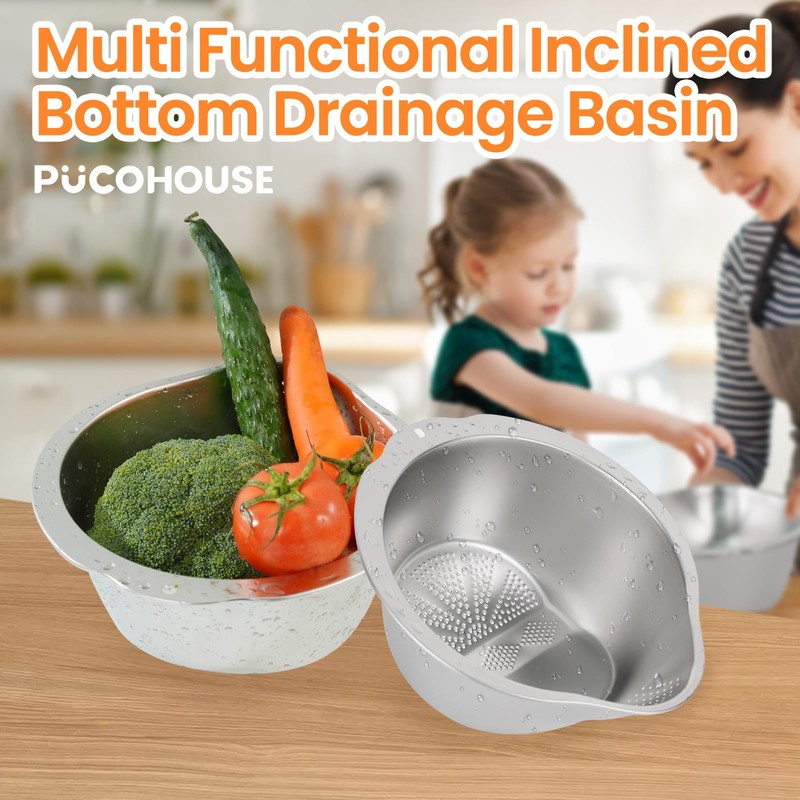 PUCOHOUSE Rice Washer Strainer Bowl- 4-in-1 Washing Bowl for Quinoa,Stainless