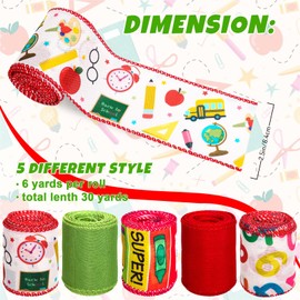 FYSUIMU 5 Rolls Back to School Wired Edge Ribbons 2.5 Inch 30 Yards School Themed Craft Ribbon Colorful Cartoon Fabric Wrapping Ribbon for Bow Wreath Party Home Decor