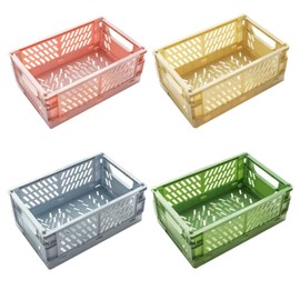 4 Pieces Mini Plastic Storage Baskets Light Color Foldable Storage Basket Collapsible Desk Organizer Storage Baskets for Kitchen Home Office