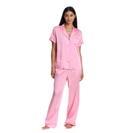 bebe Women's Silky Satin Bridesmaid Pajama Set – Button-Down Short Sleeve Sleepwear in Luxe Patterns (Aurora Pink, Small)