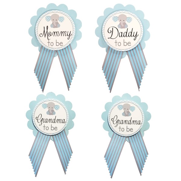 Elephant Baby Shower Pins 4 for Mommy Daddy & Grandma to Be It's a Boy for parents to wear, Blue & White, Baby Sprinkle