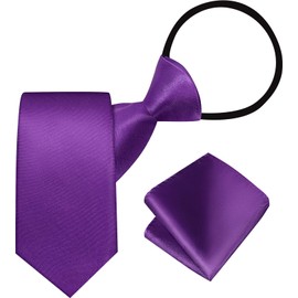 A&J DESIGN Boys Ties Necktie and Pocket Square Set Pre-Tied Zipper Tie for Wedding School Accessory Mardi Gras Purple 13 Inch