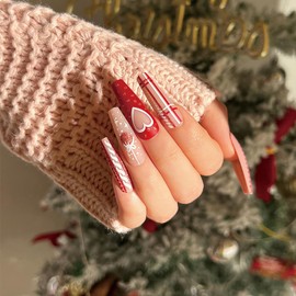 Christmas Artificial Fake Nails, Press on Nails Square Long Length, 24Pcs Glossy Red Full Cover Acrylic Coffin False Nails with Xmas Gift Heart Designs, Stick on Fingernails for Winter(JP1917)