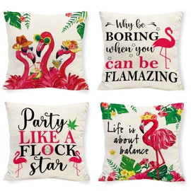 Tikeciti Summer Flamingo Pillow Covers Tropical Plants 18 x 18 Inch Throw Pillows, Turtle Leaf Floral Decorative Farmhouse Cushion Case for Sofa Couch Set of 4