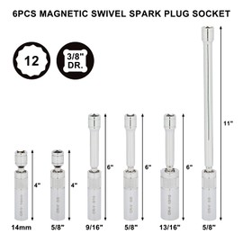 Mayouko 6PCS 3/8"Drive Thin Wall Magnetic Swivel Spark Plug Socket, 12 Point, 1MM Thin Wall, 14MM, 9/16", 5/8", 13/16"