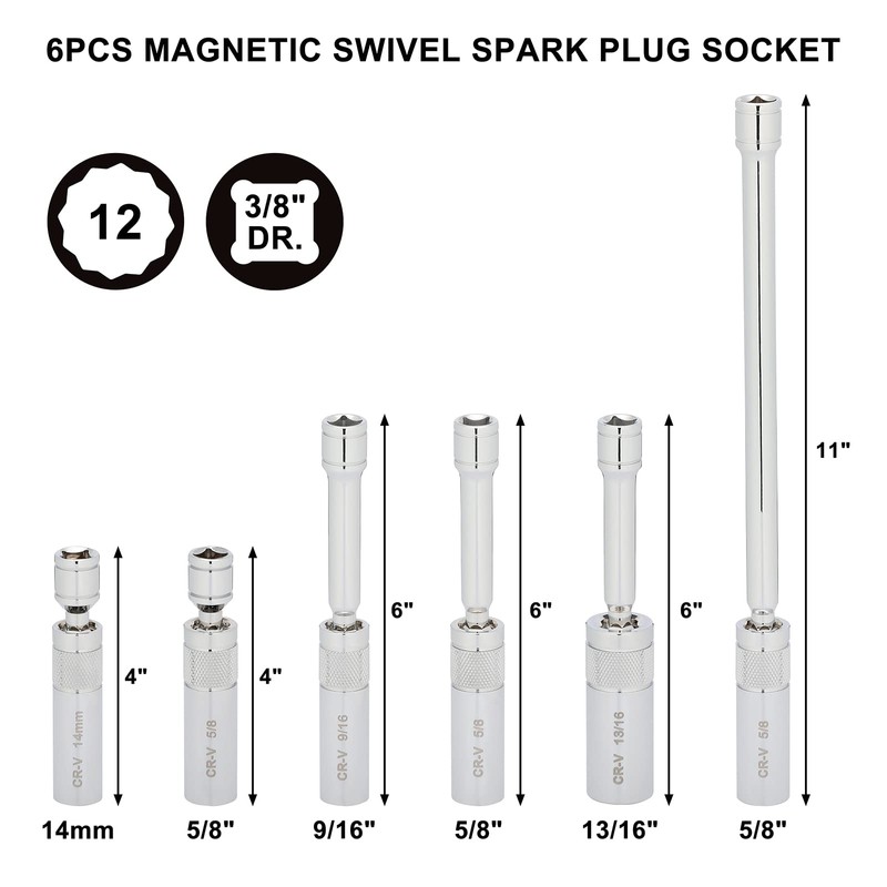 Mayouko 6PCS 3/8"Drive Thin Wall Magnetic Swivel Spark Plug Socket,